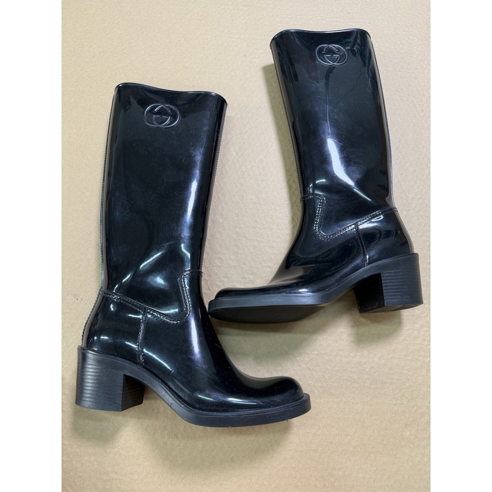 GUCCI Rain Boots High Black Interlocking GG Logo Plain Ladies' Size 38 US Size 8 - Picture 5 of 6